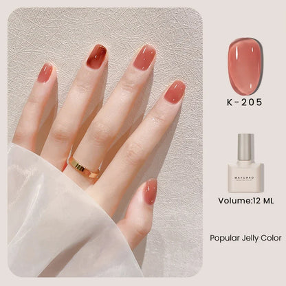 Blushimmer MAYCHAO 12ml jelly gel nail polish top coat for semi-permanent UV/LED gel nails, long-lasting manicure finish.