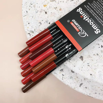 Blushimmer 12-color lip liner pen set with black rods, featuring easy-to-use, non-stick cups for precise lipstick application.