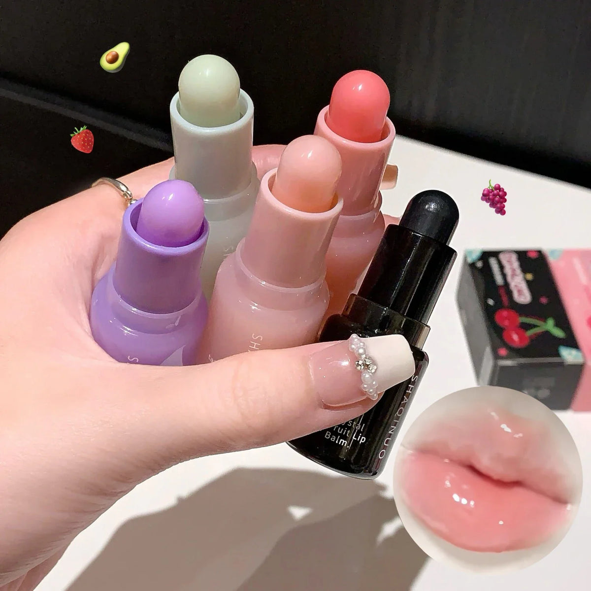 Blushimmer Crystal Strawberry Lip Balm and Lipstick stick with key chain, moisturizing and hydrating lips, changing color, lips care product