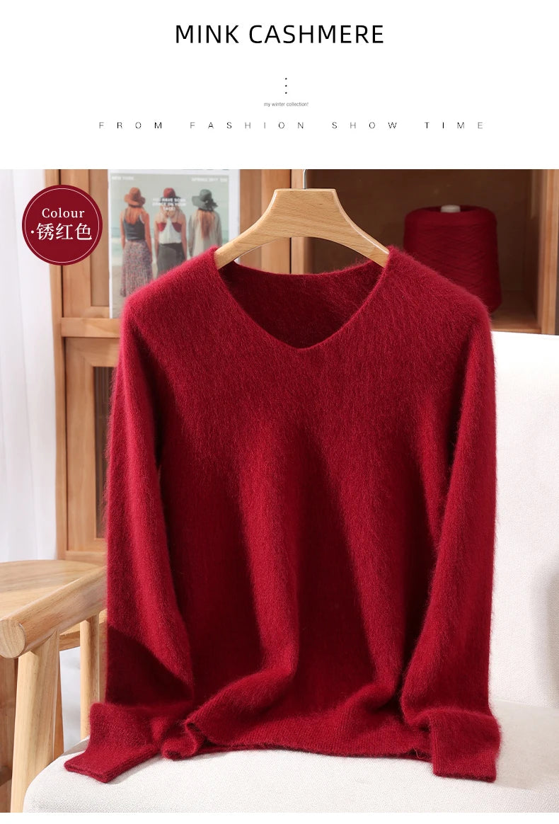 Autumn And Winter New High-End Female Mink Cashmere Sweater Solid Color Long-Sleeved Wool Knit Bottoming Sweater Loose Top