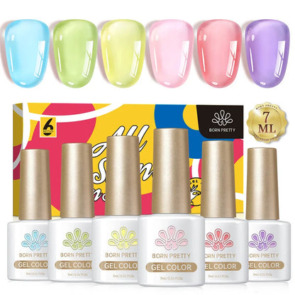 Six-piece BORN PRETTY Crystal Amber Gel Nail Polish set with jelly pink and nude shades for semi-permanent UV and LED manicures.