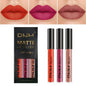 Set of three waterproof liquid lipsticks by Blushimmer in red, blue, purple, and nude shades with matte finish and lip tint stain.