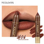 Blushimmer 2-in-1 matte waterproof lipstick and lip liner pencil in brown velvet for long-lasting lip makeup.