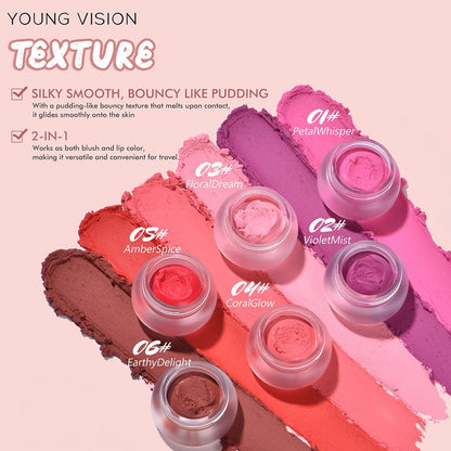 Blushimmer 6-color mousse texture powder blush with matte velvet finish, includes finger powder puff for application.