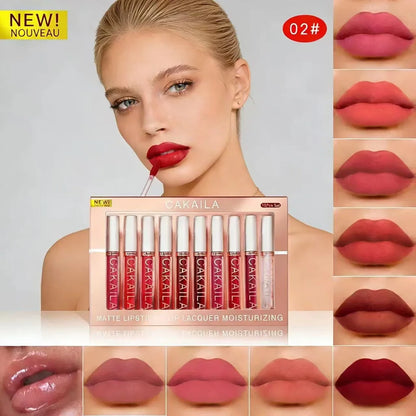 Set of 10 Blushimmer matte liquid lipsticks and lip oils in nude, red, and pink shades with waterproof, long-lasting, non-transfer velvet finish.