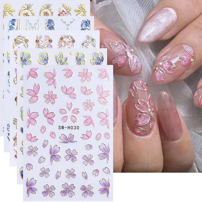 5pcs Metallic Gold Line Flower Nail Stickers 3D Bronzing Border Petals Sakura Leaf Nail Decals Slider DIY Elegant Manicure Decor