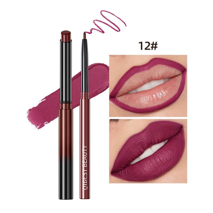 Blushimmer QIBEST 2pcs matte velvet lipstick lipliner pen set with long-lasting red lip contour pencils on a white background.
