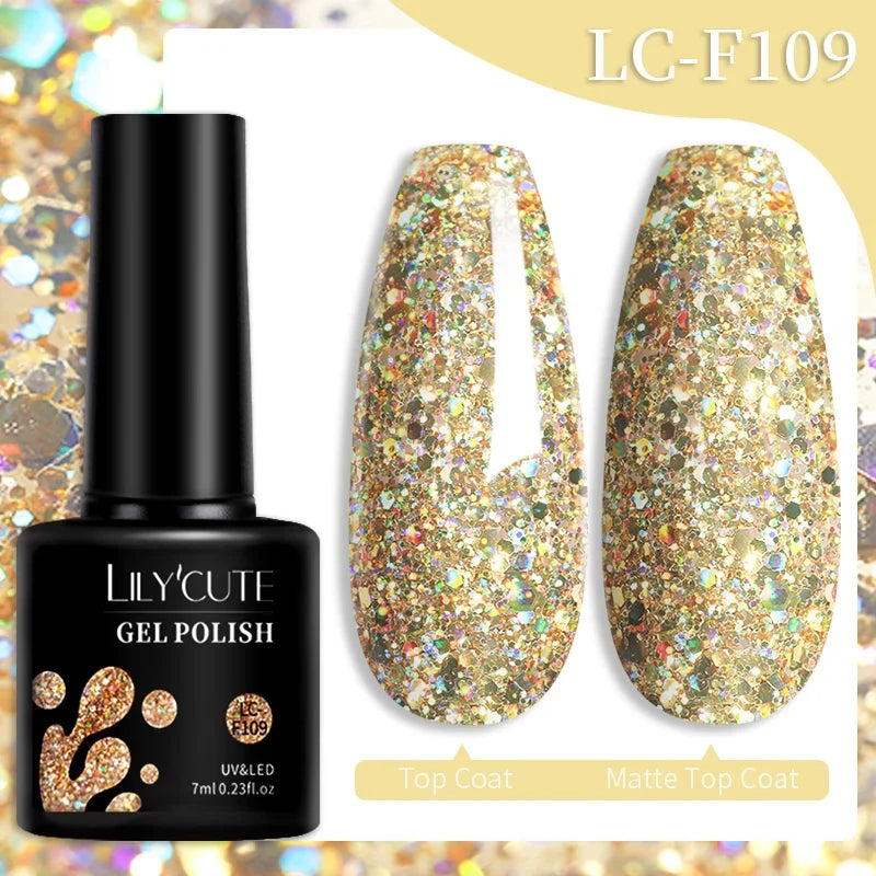 Colorful LilYCUTE 7ML gel nail polish bottles in various shades, showcasing vibrant long-lasting UV gel varnish for manicures.