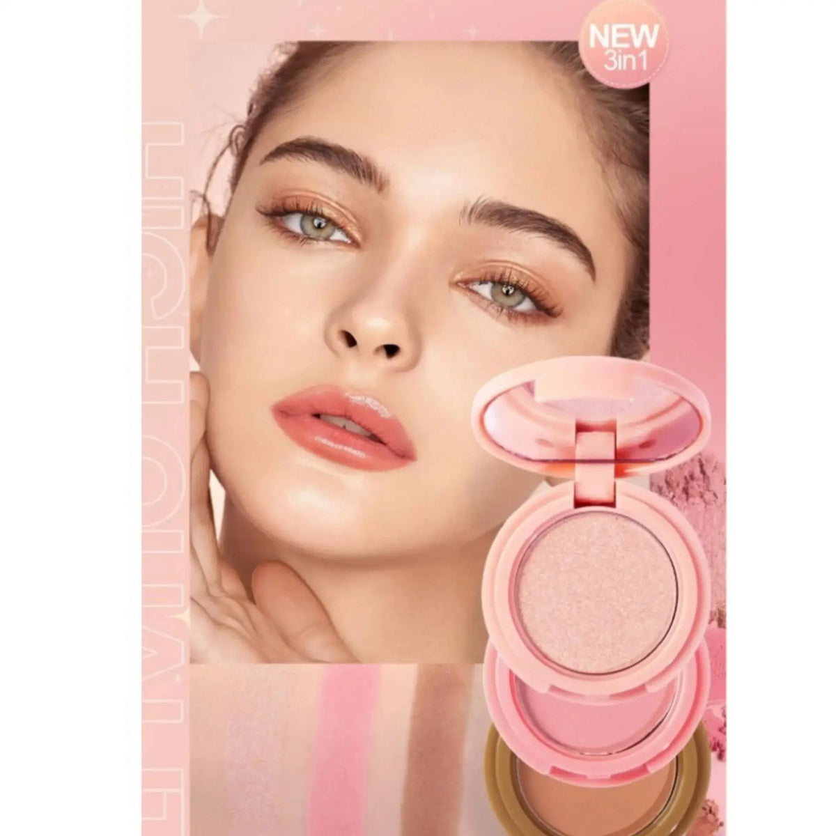 Blushimmer 3-in-1 matte highlighter, contour, blush palette with pearly shiny face powders for professional makeup application.