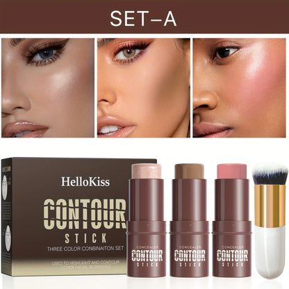Blushimmer 4pcs cream contour and highlighter sticks with contour brush for face contouring, non-greasy, includes blush and highlighter shades.