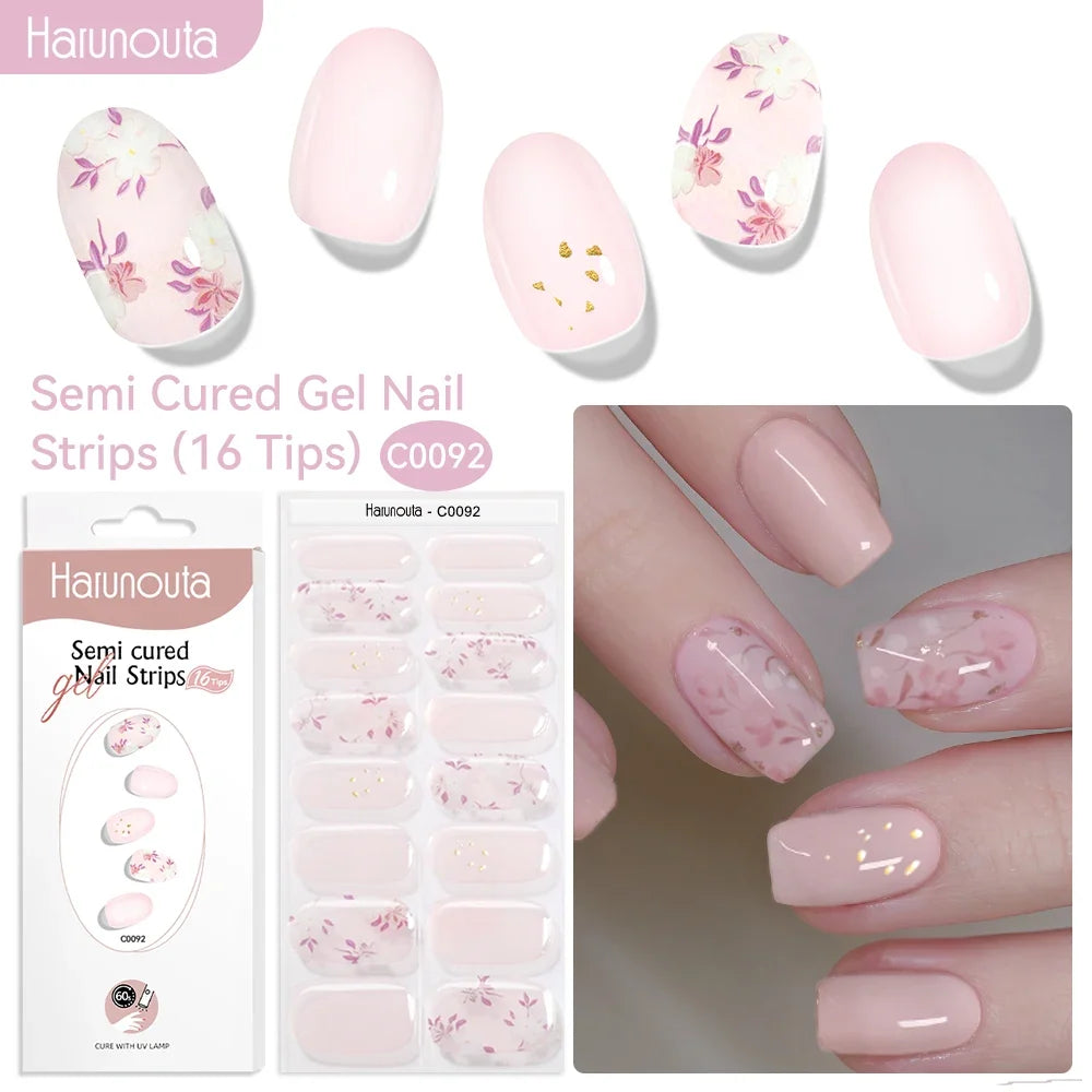 Blushimmer Harunouta 16-strip gradient red marble gel nail strips with gold lines, semi-cured DIY gel polish stickers for nails.