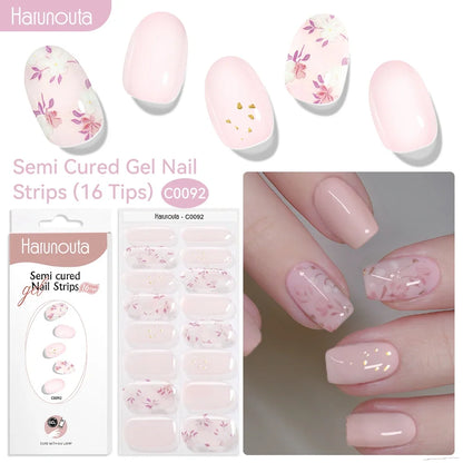 Blushimmer Harunouta 16-strip gradient red marble gel nail strips with gold lines, semi-cured DIY gel polish stickers for nails.