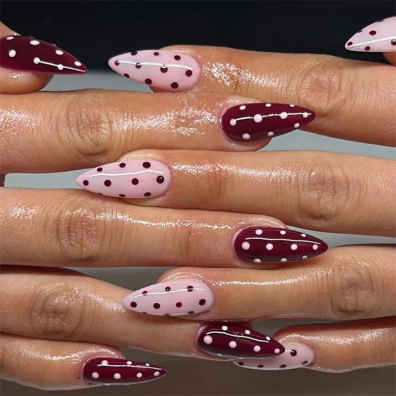Blushimmer 24-piece wine red almond press-on nails with cartoon rabbit, bowknot, plaid, pearl designs, French style for girls