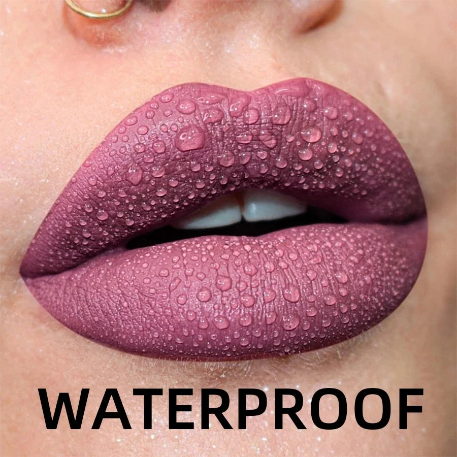 Blushimmer matte velvet waterproof liquid lipstick in nude and red shades with a glossy lip glaze finish and black lips tint.