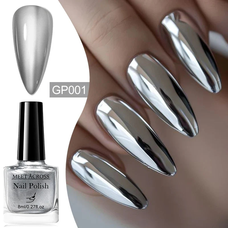 Blushimmer 8ml metallic mirror nail polish bottle, air dry, long-lasting, soak-off formula for salon-quality DIY manicures.