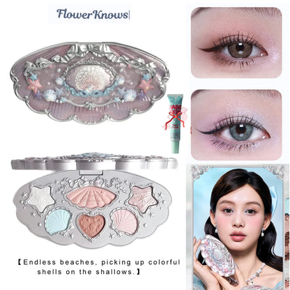 Blushimmer Flower Knows Chocolate Wonder-Shop 8-color eyeshadow palette with shades of brown, gold, and pink, displayed open with brushes.