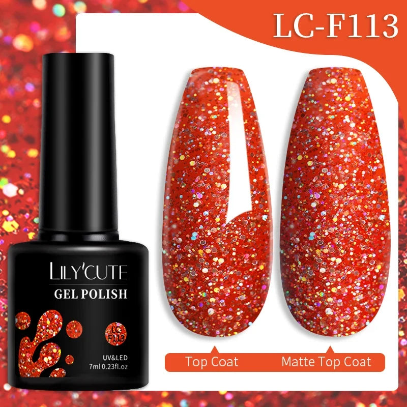Colorful LilYCUTE 7ML gel nail polish bottles in various shades, showcasing long-lasting semi-permanent UV gel nail art by Blushimmer.