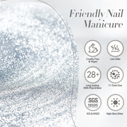 Silver shining reflective cat magnetic gel nail polish by Blushimmer, with crystal glitter finish, soak-off UV LED gel nail art.