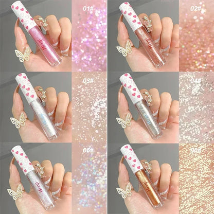 Blushimmer liquid eyeshadow highlighter with waterproof, ultra-shiny glitter finish for long-lasting, monochrome silkworm eye looks.
