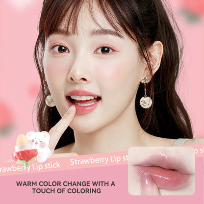 Blushimmer Shiji Strawberry lip balm showing a sleek tube with a pink cap, designed for hydration and softening lips.