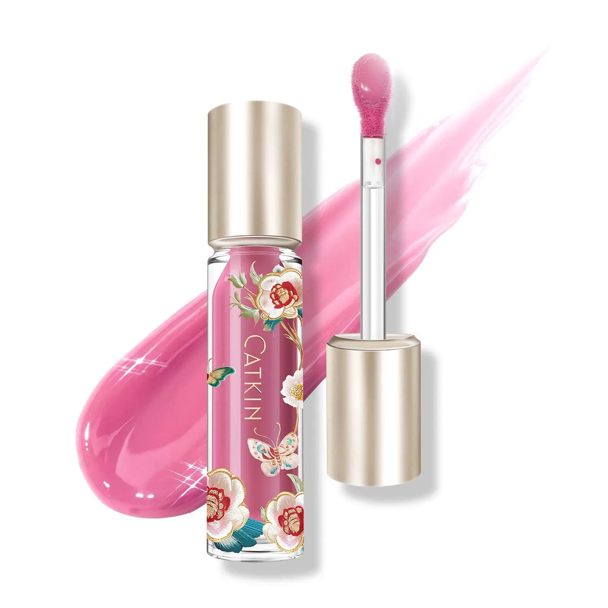 Blushimmer CATKIN Lip Essence lipstick and water gloss in a clear glass container, showcasing moisturizing pink lip gloss with a mirror-like finish.