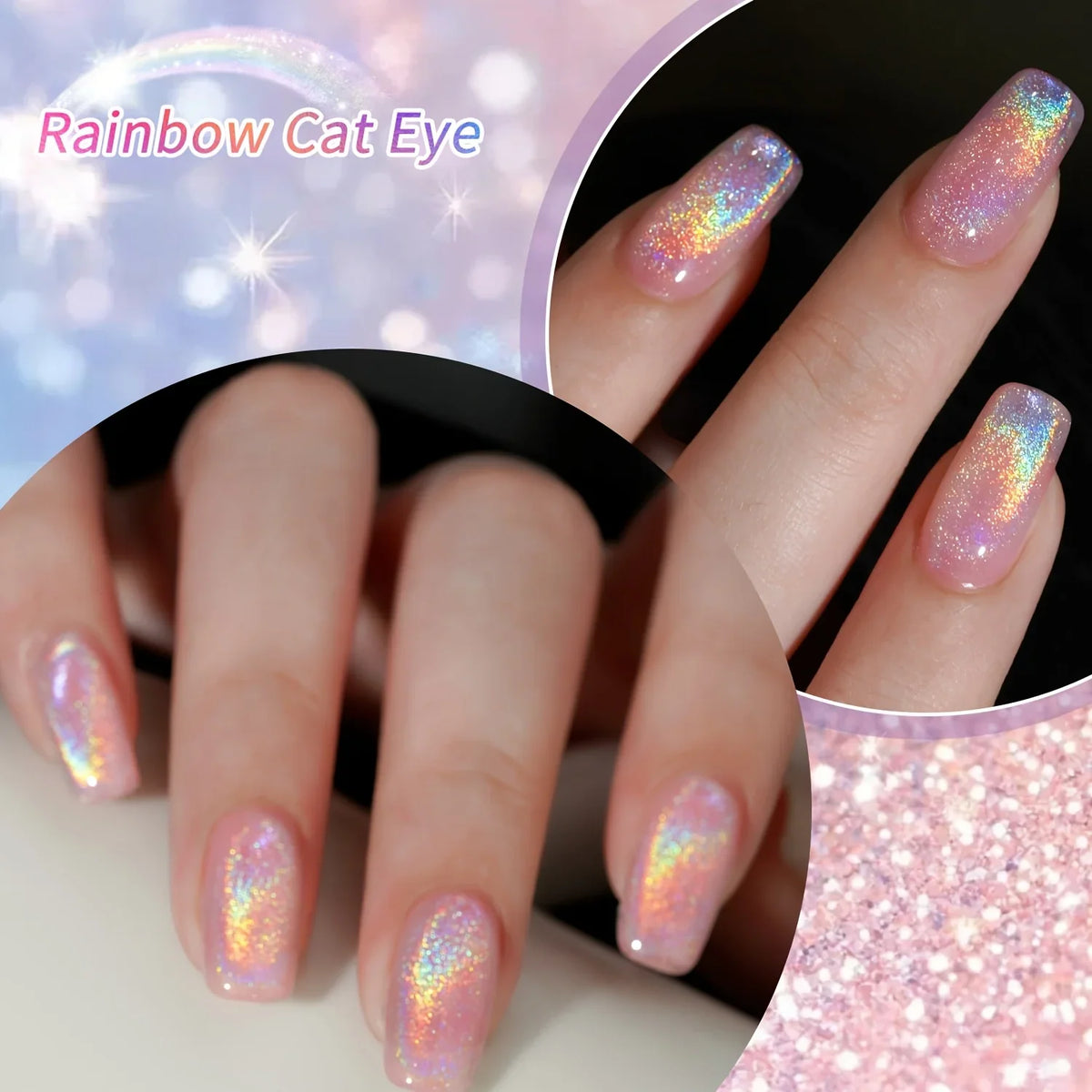 Rainbow Cat's Eye gel nail polish by Blushimmer, 15ml, with vibrant rainbow effect, long-lasting, fast-drying UV LED curing nail gel.