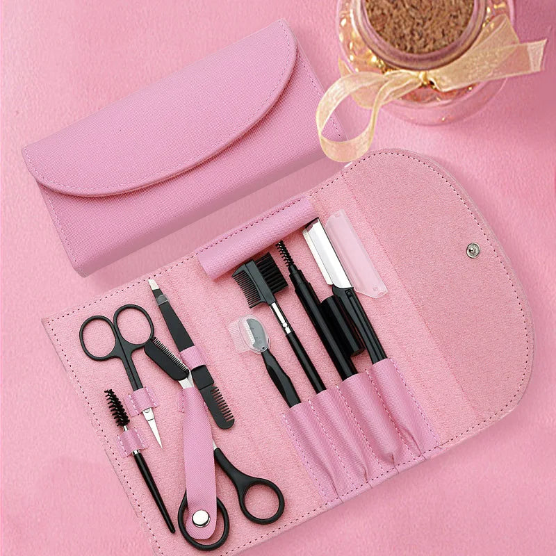 Set of 8 professional stainless steel eyebrow trimming tools including combs, tweezers, and cutters by Blushimmer.