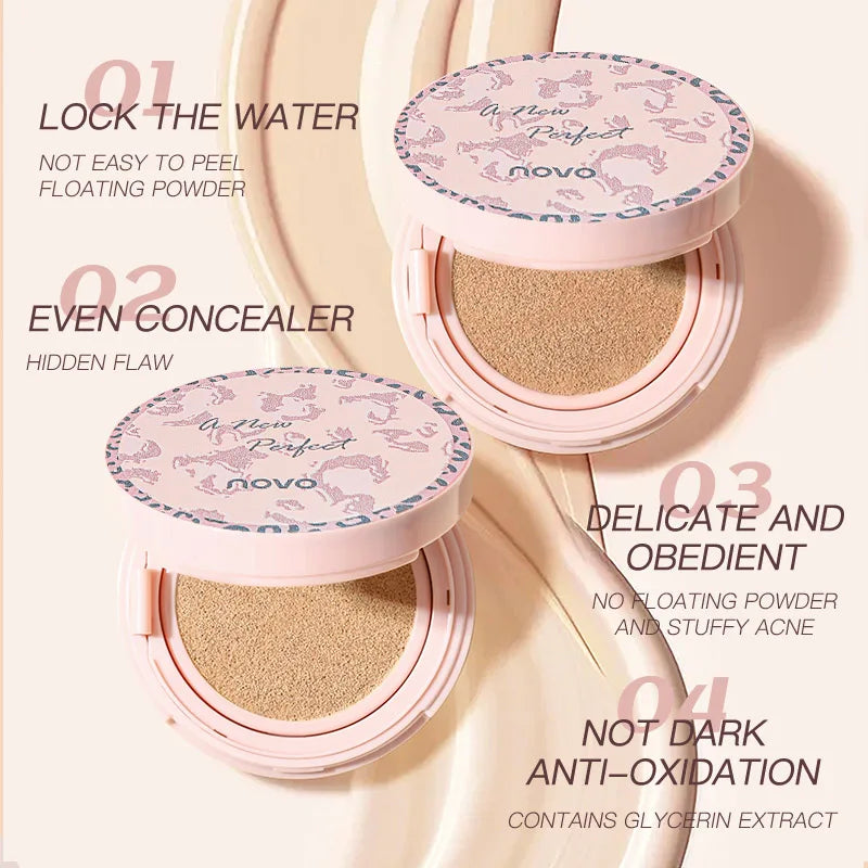 Blushimmer Air Cushion BB and CC Cream Foundation with natural finish, long-lasting matte concealer on a light beige background.