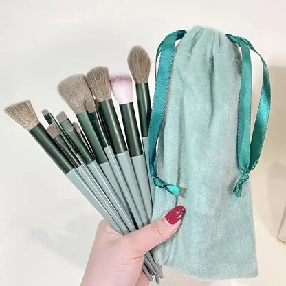 Set of soft, fluffy makeup brushes by Blushimmer including foundation, powder, eyeshadow, and kabuki brushes for professional makeup application