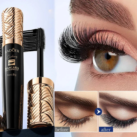 Black 5D Silk Fiber Waterproof Mascara by Blushimmer with lengthening and volumizing effects, showing the mascara wand and lashes.