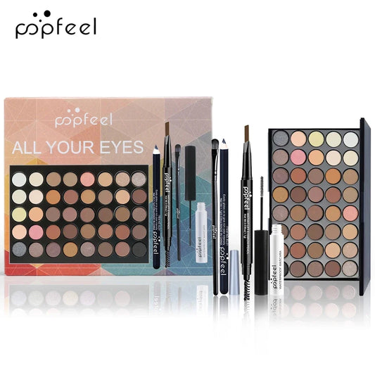 Blushimmer POPFEEL eye makeup set with eyeshadow palette, eyeliner, mascara, eyebrow pencil, and makeup tools in a compact box.