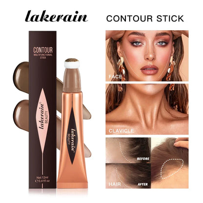 Blushimmer liquid contouring highlighter stick with matte finish, brightening primer, nose shadow, and small V face blush for highlighting.