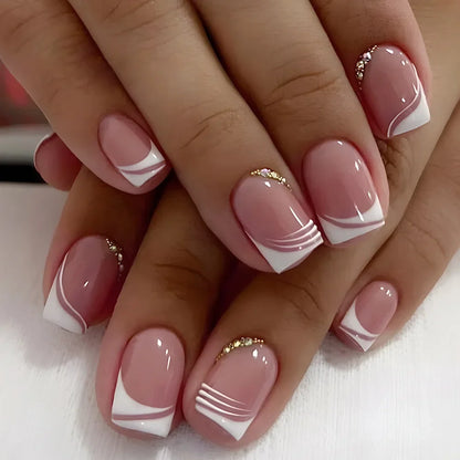 Set of 24 Blushimmer square head fake gel nails with pink and white gradient French press, short full cover false nail tips.