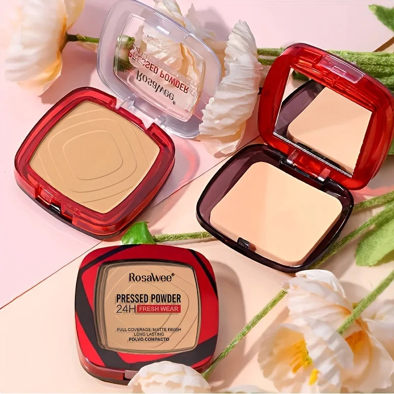 Blushimmer matte pressed powder foundation with puff applicator, providing full coverage and 24-hour fresh, weightless matte finish.