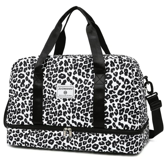LPO women's leopard carry-on travel bag with sturdy handles and zipper closure, designed for gym and travel use.