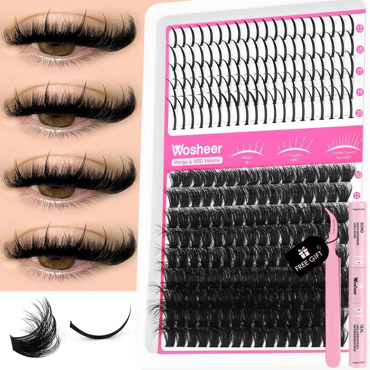 Blushimmer WOSHEER Lash Clusters Kit with spiky eyelash extension clusters and volume individual lashes for DIY lash styling.