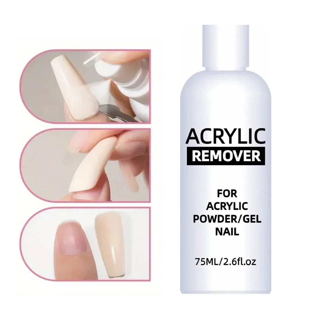 Blushimmer 75ml professional acrylic nail polish remover gel and liquid remover in a clear bottle with a white cap.