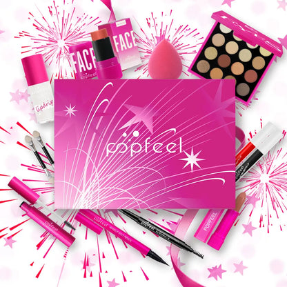 Blushimmer POPFEEL pink makeup gift box with eyeshadow, blush, and lipstick, ideal for girls' birthday or special occasion.