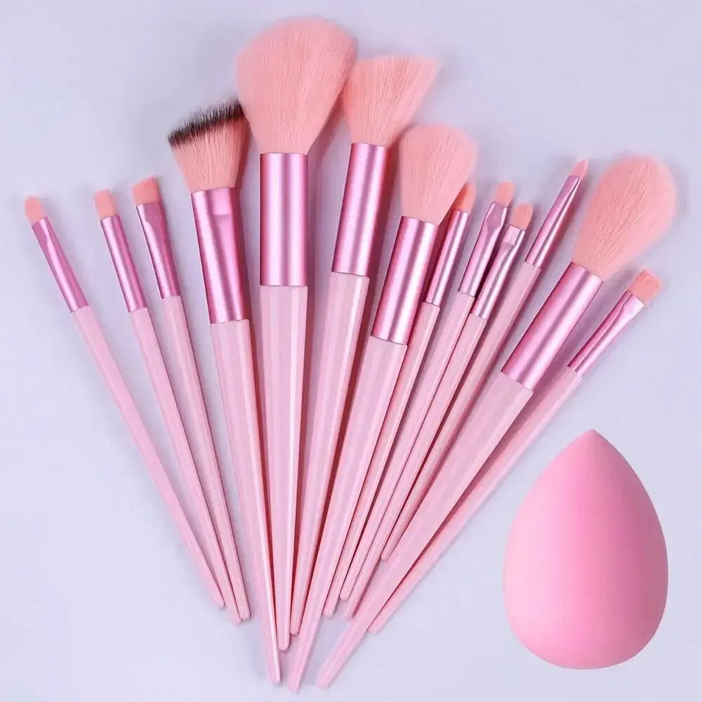 Set of Blushimmer professional makeup brushes including foundation, powder, eyeshadow, and kabuki brushes with soft, fluffy bristles.