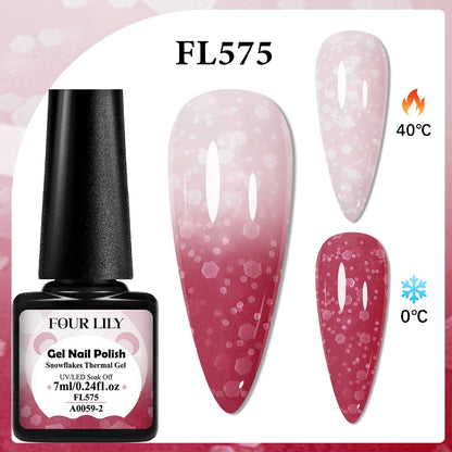 Blushimmer Four Lily 7ml thermal nail gel polish set with three color-changing semi-permanent UV/LED gel for manicure design