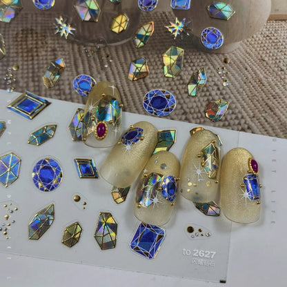 Colorful Cat's Eye 5D gradient European love heart gem nail art stickers with crystal geometric designs for manicure decoration.
