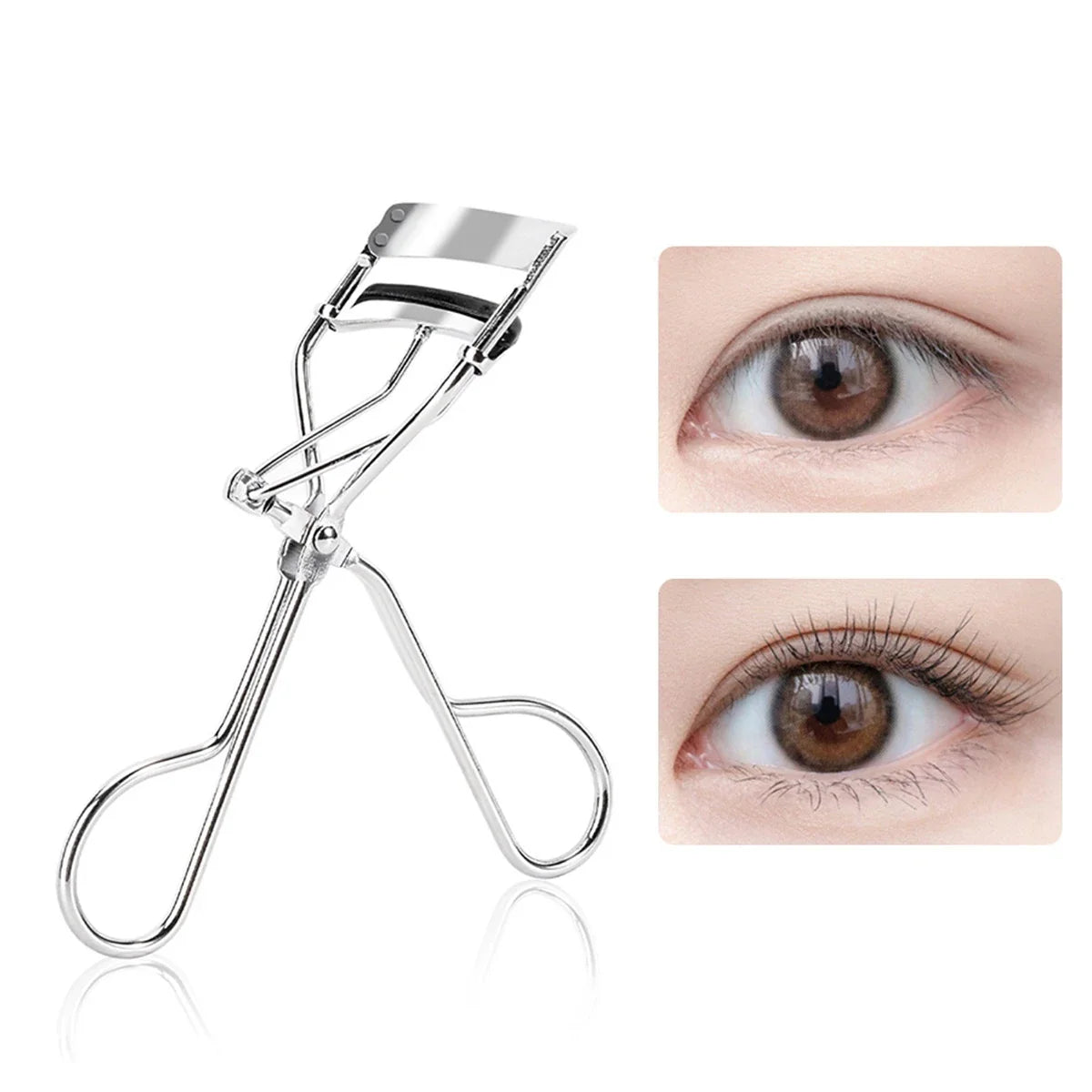 Silver portable eyelash curling tool by Blushimmer, designed for natural, long-lasting curling without damage to false or real lashes.