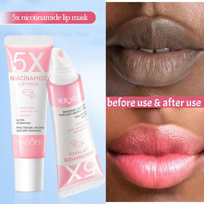 Blushimmer dark lip balm lightening mask with pink gloss, exfoliates, moisturizes, and reduces lip lines for smoother, hydrated lips.
