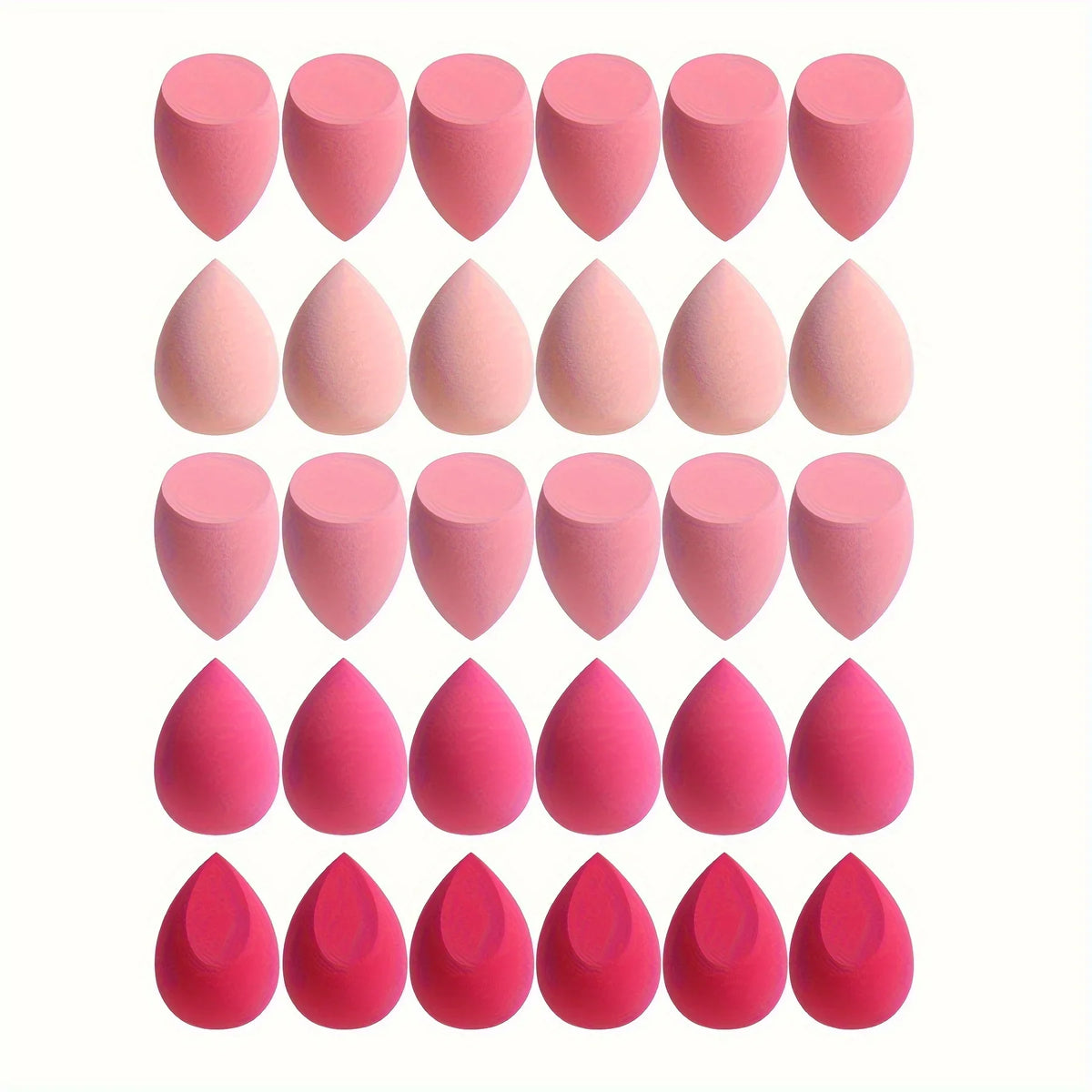 Set of 7 or 18 Blushimmer makeup sponges for liquid, cream, or powder application, including dual-use dry and wet makeup egg puffs.