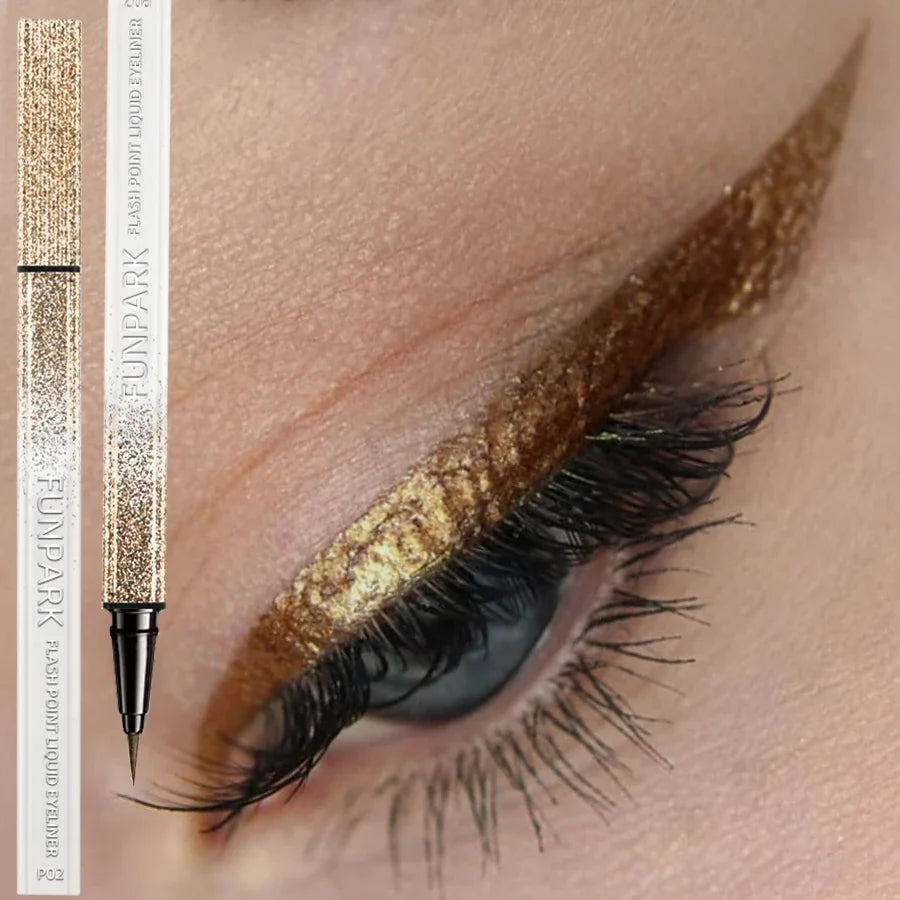 Shiny metallic liquid eyeliner by Blushimmer in waterproof pearlescent finish, 0.6ml applicator with sleek black cap.