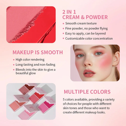 Blushimmer Cream and Powder Blush set with five dewy rosy shades, long-lasting, high pigment, matte finish, makeup pans.