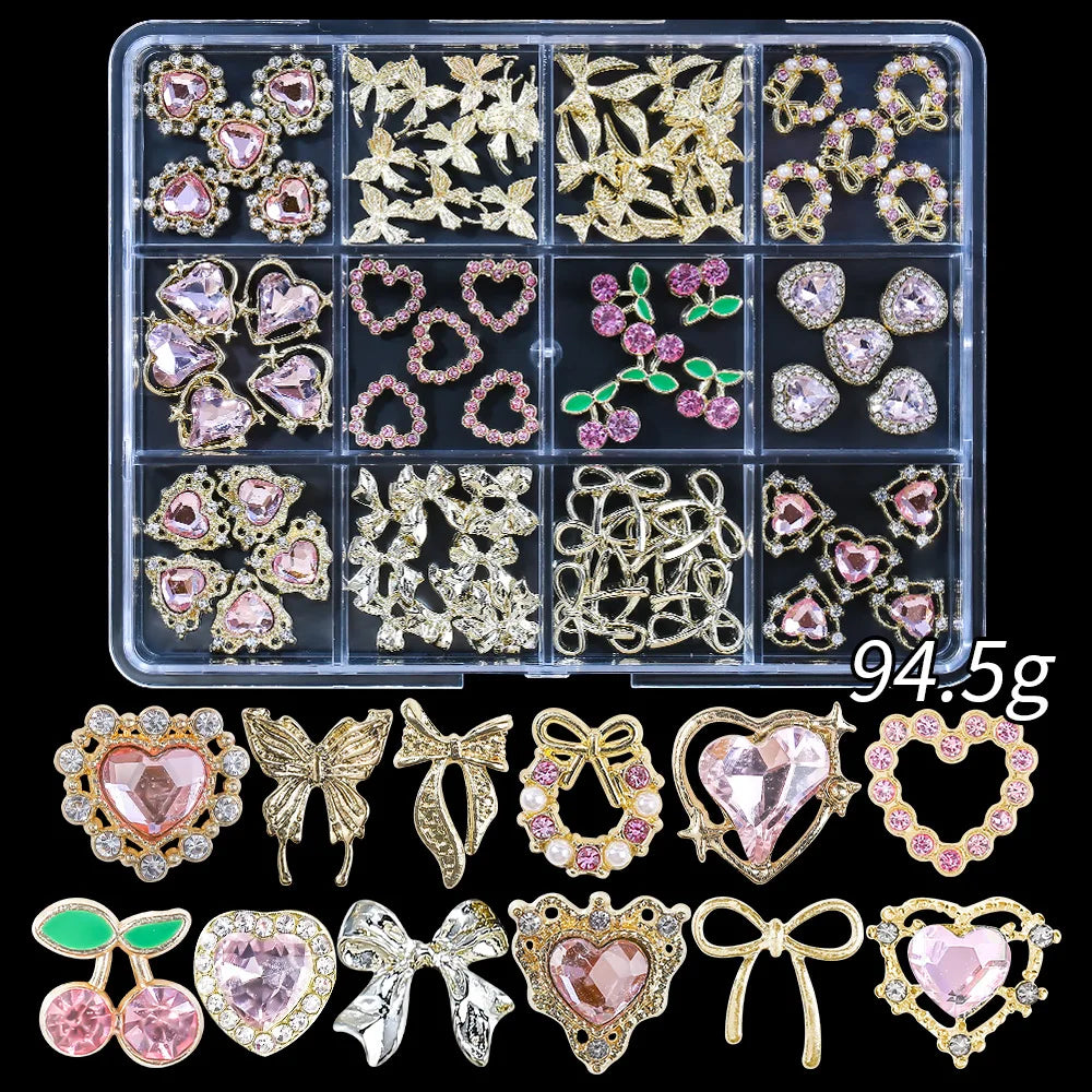 Set of 120 Blushimmer 3D gold bow and butterfly nail charms with shiny star accents for luxury nail art jewelry and decoration.