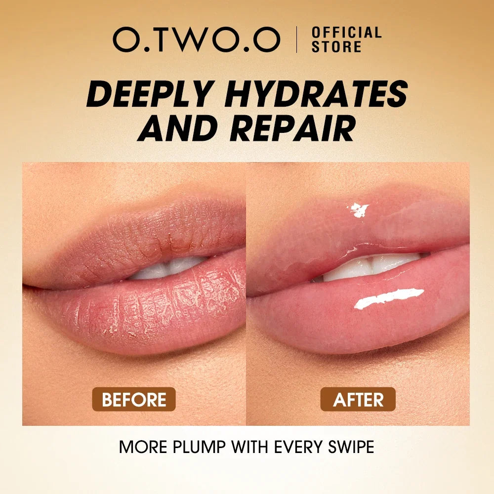 Blushimmer O.TWO.O Lip Oil Gloss with water-inspired glossy finish, featuring glitter and moisturizing, non-sticky lip plumper and balm.