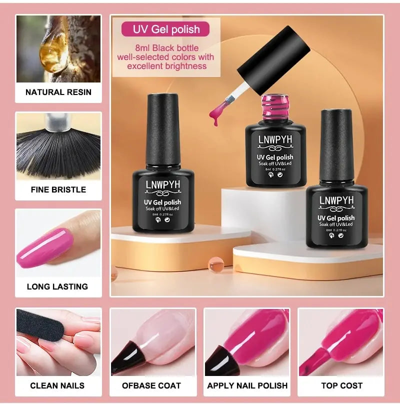 Blushimmer LNWPYH gel nail polish set with 26 semi-permanent UV LED gel lacquers, base coat, and top coat in a display image