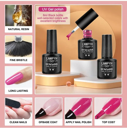 Blushimmer LNWPYH gel nail polish set with 26 semi-permanent UV LED gel lacquers, base coat, and top coat in a display image